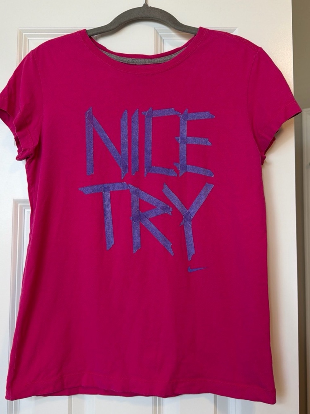 Nike Women's Short Sleeve Tee in Bright Fuchsia with Purple Graphic